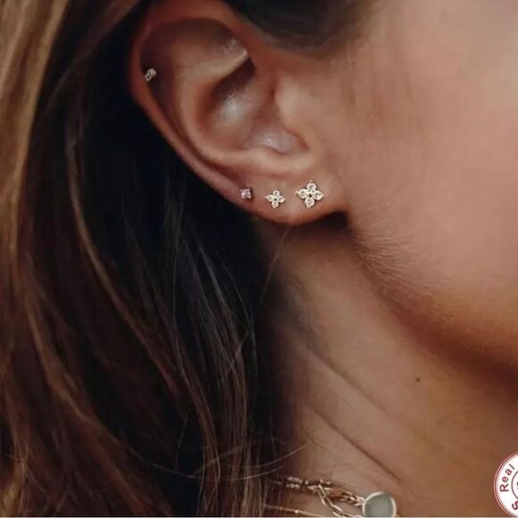 Tiny Stud Sterling Silver Zirconia Earrings - Picture 3 of 5